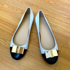 Kate Spade Black White Leather Gold Bow Flats
